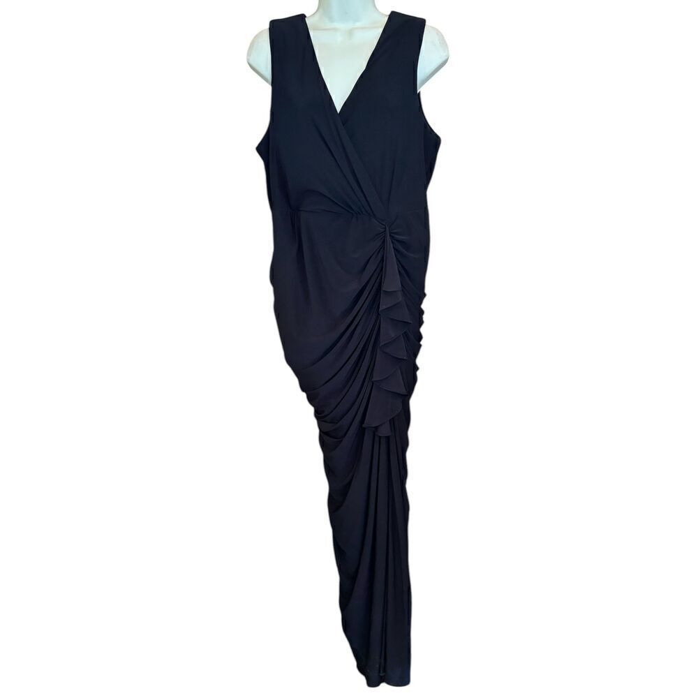 Betsy & Adam Ruched Ruffle Column Gown in Black NWOT Size 14W - Picture 5 of 7